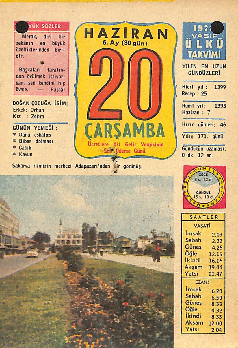 20 Haziran 1979 Takvim Yaprağı - Doğum Günü Hediyesi EFMN13716 - 1