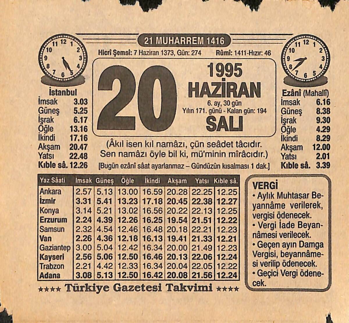 20 Haziran 1995 Takvim Yaprağı - Doğum Günü Hediyesi EFMN15463 - 1