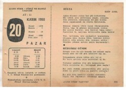 20 Kasım 1960 Ajans Türk Takvim Yaprağı (Şiirli Saatli) EFM(N) 1786 - 1