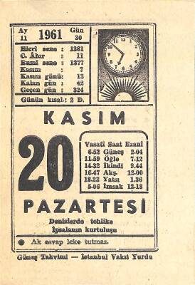 20 Kasım 1961 Takvim Yaprağı - Doğum Günü Hediyesi EFM(N)11238 - 1