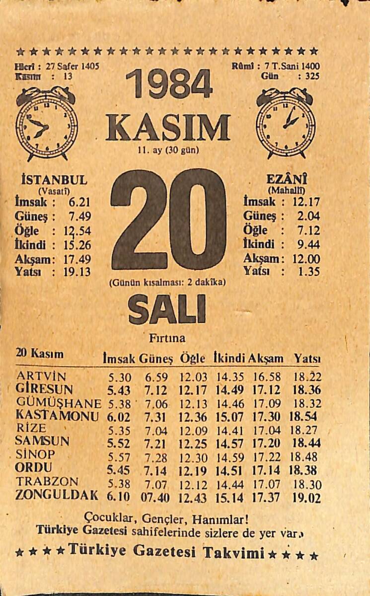 20 Kasım 1984 Takvim Yaprağı - Doğum Günü Hediyesi EFMN14534 - 1