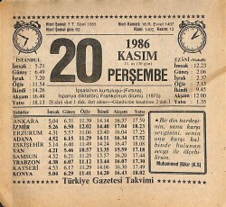 20 Kasım 1986 Takvim Yaprağı - Doğum Günü Hediyesi EFMN14882 - Gökçekoleksiyon