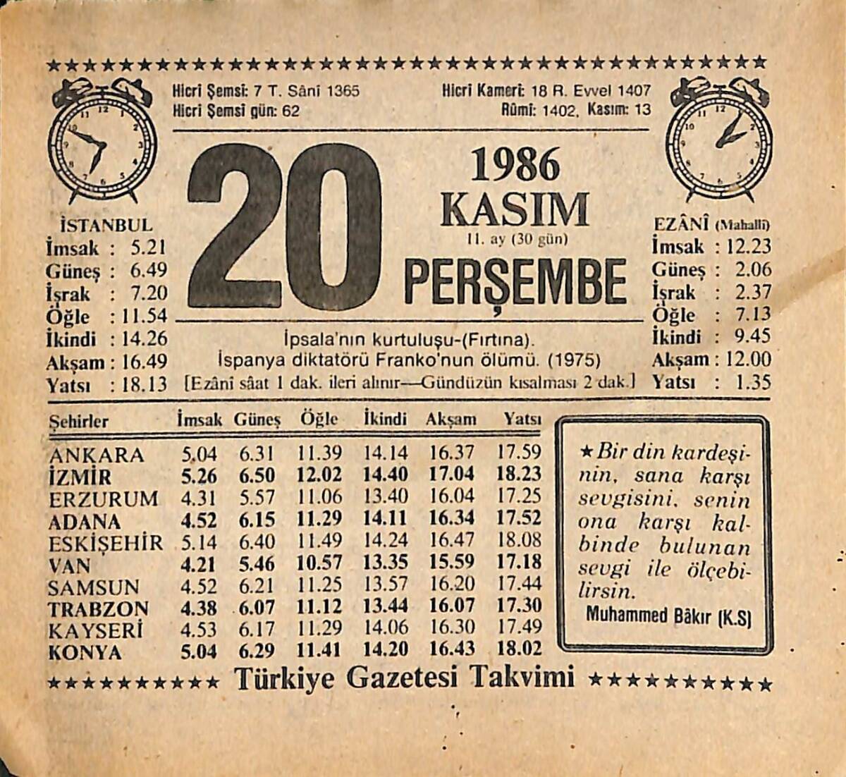 20 Kasım 1986 Takvim Yaprağı - Doğum Günü Hediyesi EFMN14882 - 1