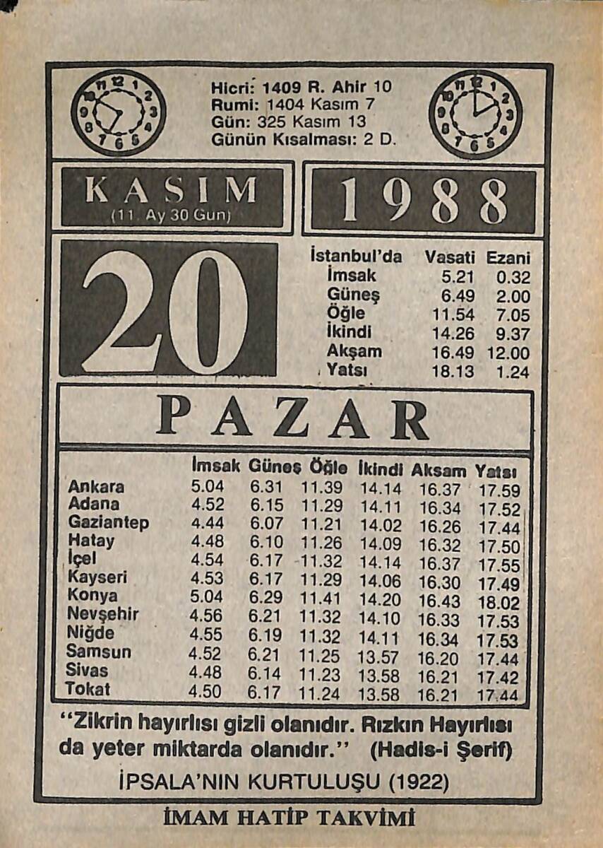 20 Kasım 1988 Takvim Yaprağı - Doğum Günü Hediyesi EFMN14610 - 1