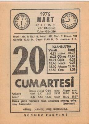 20 Mart 1976 Takvim Yaprağı EFM(N)5961 - 1