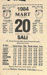 20 Mart 1984 Takvim Yaprağı - Doğum Günü Hediyesi EFM(N)11317 - Gökçekoleksiyon