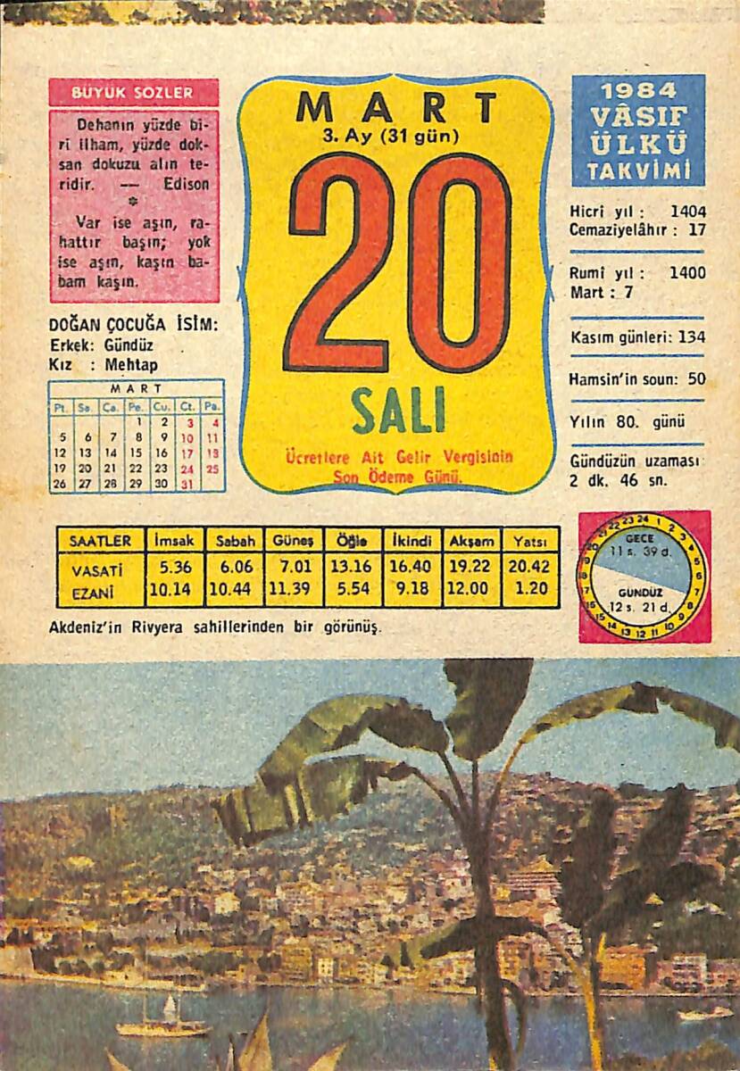 20 Mart 1984 Takvim Yaprağı - Doğum Günü Hediyesi EFMN15203 - 1