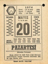 20 Mayıs 1974 Takvim Yaprağı - Doğum Günü Hediyesi EFM(N)11982 - Gökçekoleksiyon