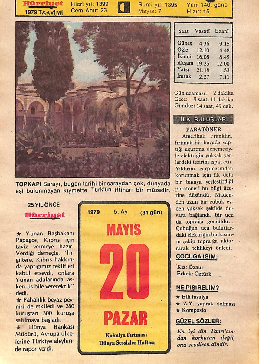 20 Mayıs 1979 Takvim Yaprağı - Doğum Günü Hediyesi EFMN14482 - 1