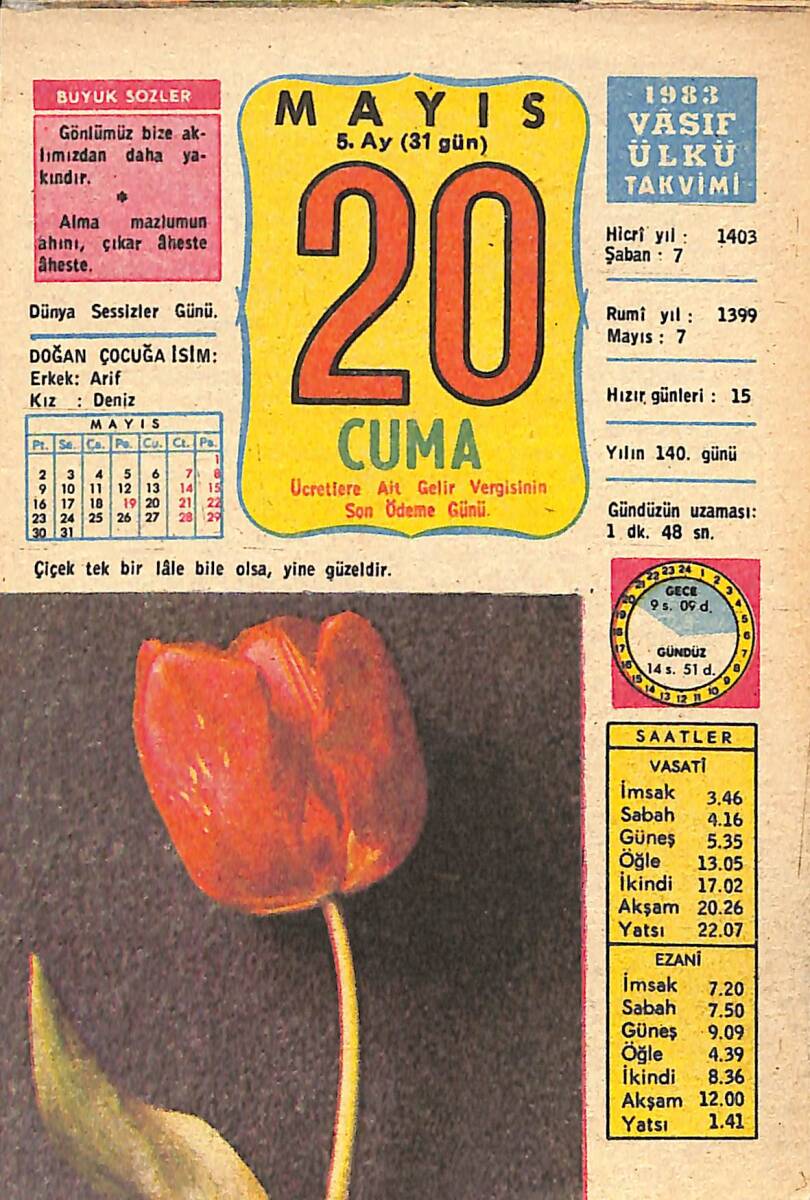 20 Mayıs 1983 Takvim Yaprağı - Doğum Günü Hediyesi EFMN13744 - 1