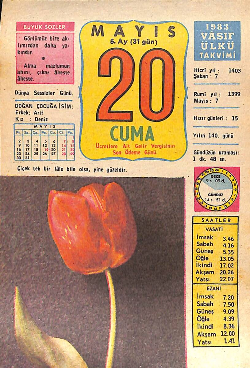 20 Mayıs 1983 Takvim Yaprağı - Doğum Günü Hediyesi EFMN15112 - 1