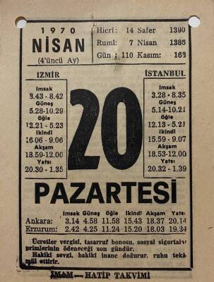 20 Nisan 1970 Takvim Yaprağı - Doğum Günü Hediyesi EFM(N)8275 - 2