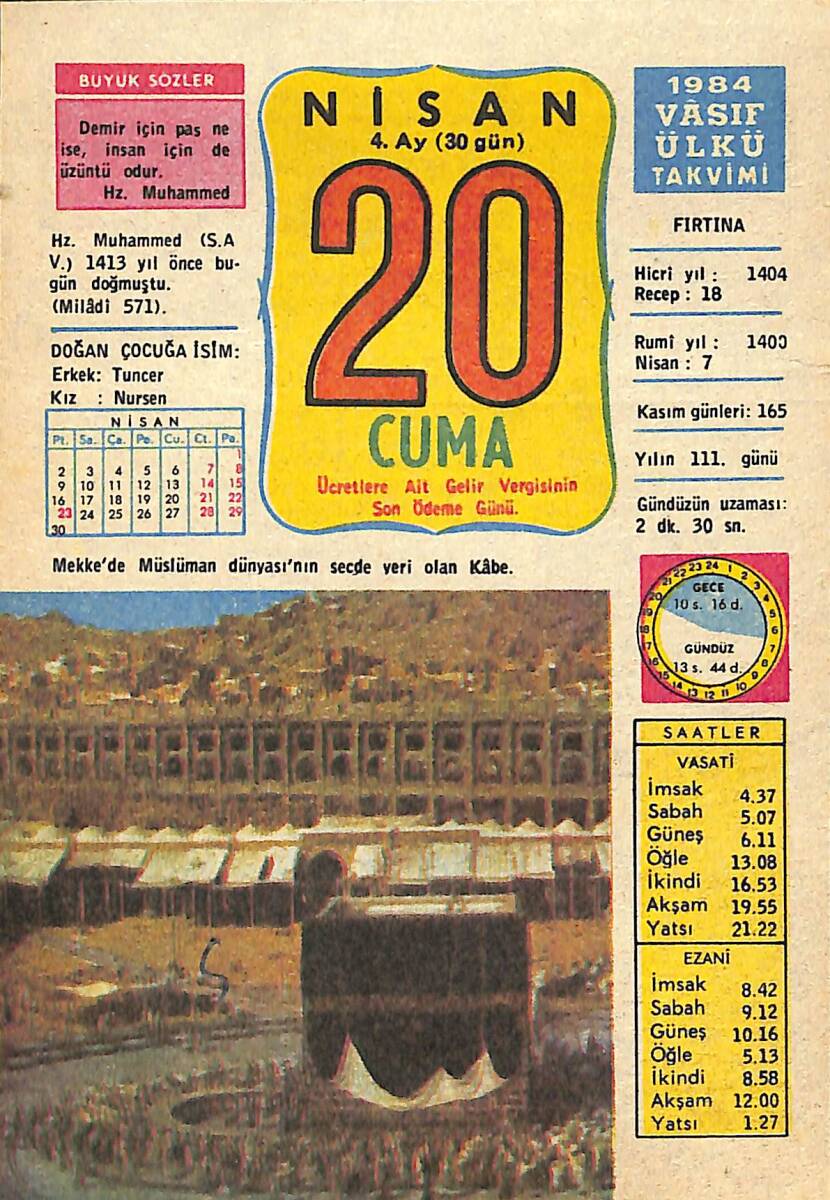 20 Nisan 1984 Takvim Yaprağı - Doğum Günü Hediyesi EFMN15181 - 1
