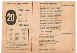 20 Ocak 1960 Ajans Türk Takvim Yaprağı(Şiirli Saatli) EFM(N)1098 - 5