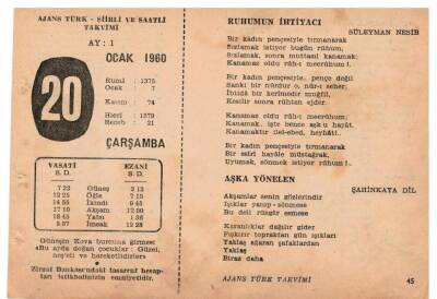 20 Ocak 1960 Ajans Türk Takvim Yaprağı(Şiirli Saatli) EFM(N)1098 - 3