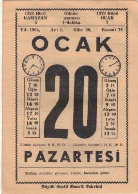 20 Ocak 1964 Takvim Yaprağı EFM(N)4543 - 1