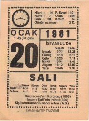20 Ocak 1981 Takvim Yaprağı EFM(N)4666 - Gökçekoleksiyon