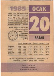 20 Ocak 1985 Takvim Yaprağı EFM(N)4790 - Gökçekoleksiyon