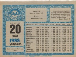 20 Ocak 1988 Takvim Yaprağı EFM(N)4914 - Gökçekoleksiyon