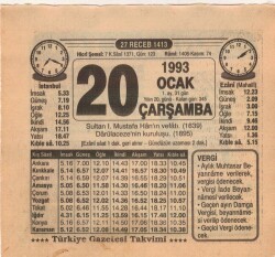 20 Ocak 1993 Takvim Yaprağı EFM(N)4852 - Gökçekoleksiyon