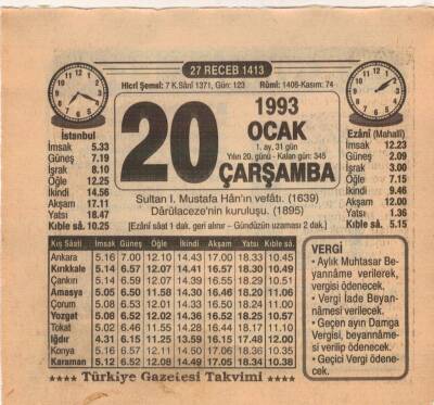 20 Ocak 1993 Takvim Yaprağı EFM(N)4852 - 1
