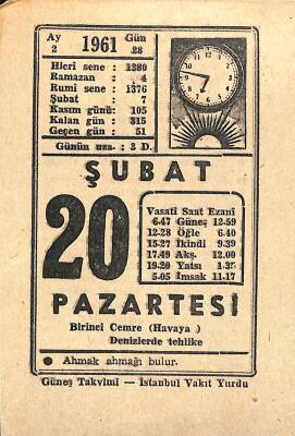 20 Şubat 1961 Takvim Yaprağı - Doğum Günü Hediyesi EFM(N)11273 - 1
