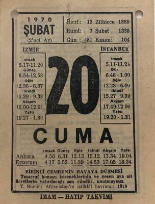 20 Şubat 1970 Takvim Yaprağı - Doğum Günü Hediyesi EFM(N)7770 - 1