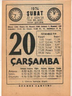 20 Şubat 1974 Takvim Yaprağı EFM(N)5259 - 1