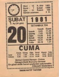 20 Şubat 1981 Takvim Yaprağı EFM(N)5427 - Gökçekoleksiyon