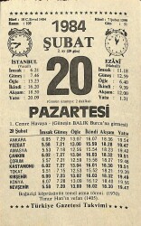 20 Şubat 1984 Takvim Yaprağı - Doğum Günü Hediyesi EFM(N)11824 - Gökçekoleksiyon