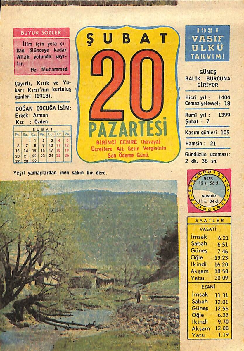 20 Şubat 1984 Takvim Yaprağı - Doğum Günü Hediyesi EFMN15223 - 1