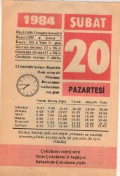 20 Şubat 1984 Takvim Yaprağı EFM(N)5343 - Gökçekoleksiyon