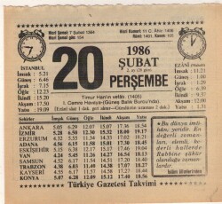 20 Şubat 1986 Takvim Yaprağı EFM(N)5231 - Gökçekoleksiyon