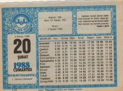 20 Şubat 1988 Takvim Yaprağı EFM(N)5510 - Gökçekoleksiyon