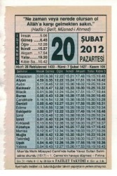 20 Şubat 2012 Takvim Yaprağı EFM(N)1861 - 2