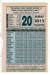 20 Şubat 2012 Takvim Yaprağı EFM(N)1861 - Gökçekoleksiyon