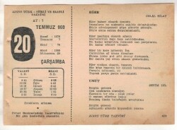 20 Temmuz 1960 Ajans Türk Takvim Yaprağı (Şiirli Saatli) EFM(N) 1667 - 1