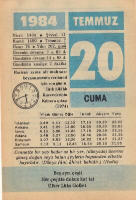 20 Temmuz 1984 Takvim Yaprağı EFM(N)2069 - 3