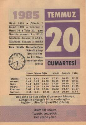 20 Temmuz 1985 Takvim Yaprağı EFM(N)2070 - 2