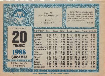 20 Temmuz 1988 Takvim Yaprağı EFM(N)2072 - 2