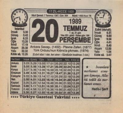 20 Temmuz 1989 Takvim Yaprağı EFM(N)2073 - 1