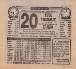 20 Temmuz 1990 Takvim Yaprağı EFM(N)2074 - 2