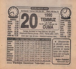 20 Temmuz 1990 Takvim Yaprağı EFM(N)2074 - 1