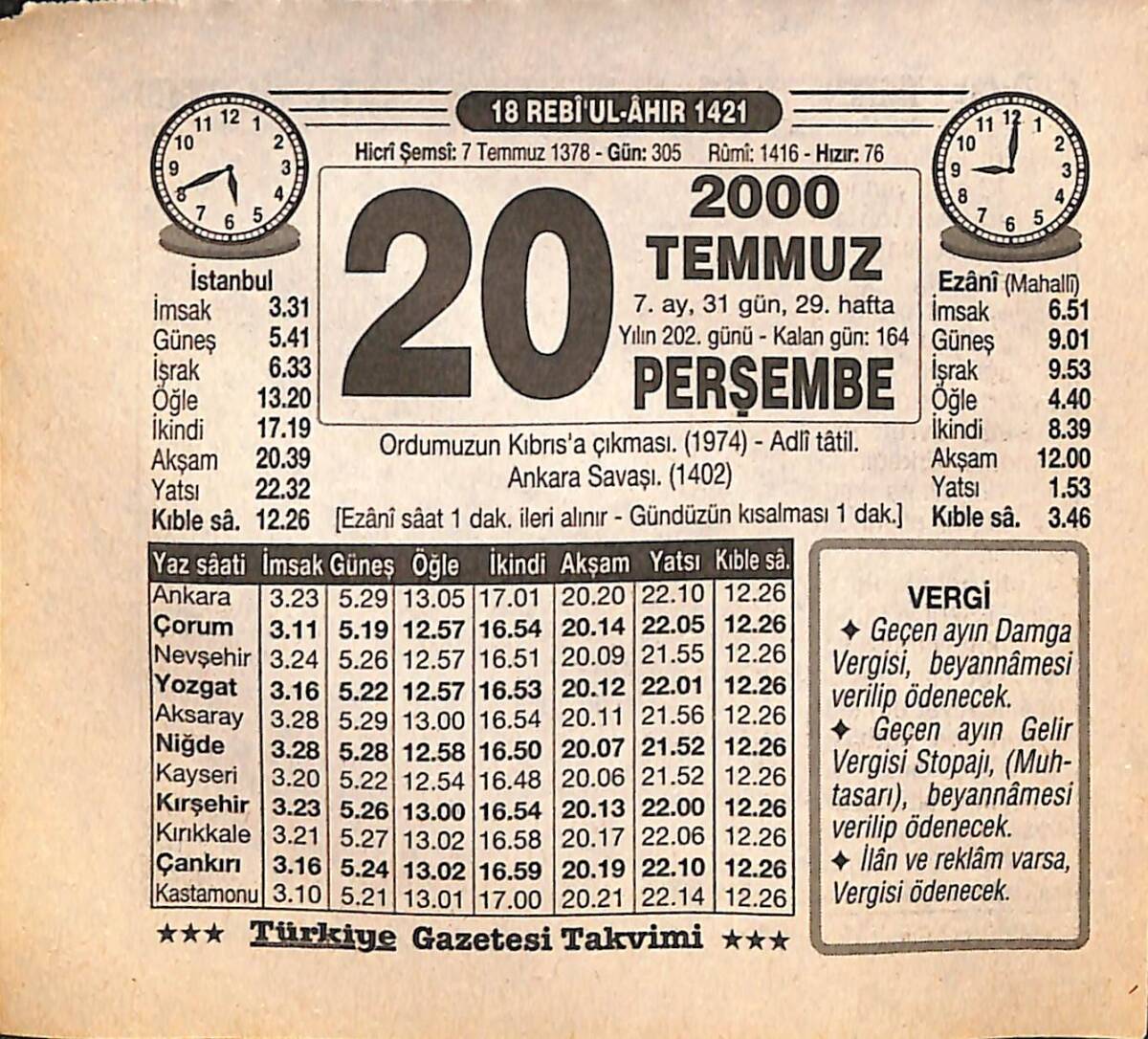 20 Temmuz 2000 Takvim Yaprağı - Doğum Günü Hediyesi EFMN15537 - 1