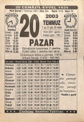 20 Temmuz 2003 Takvim Yaprağı - Doğum Günü Hediyesi EFMN15517 - Gökçekoleksiyon