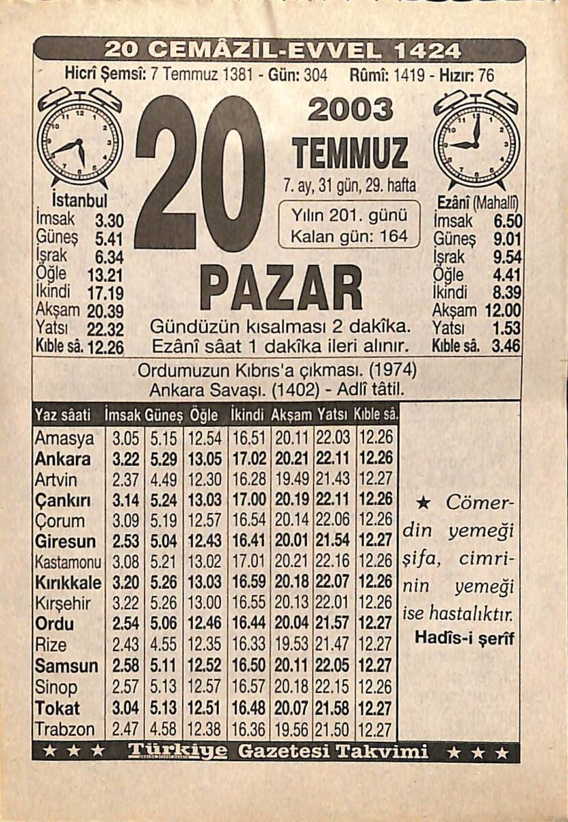 20 Temmuz 2003 Takvim Yaprağı - Doğum Günü Hediyesi EFMN15517 - 1
