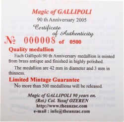 2005 Gelibolu 90.Yıldönümü Hatıra Madalyon *Anzak* (Özel Kutusunda- Sertifikalı) MVM941 - 7