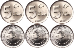 2005 Yılı 5 Kuruş Lot (3 Adet) - ÇİL TCM3185 - Gökçekoleksiyon