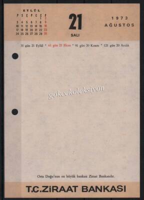 21-22 Ağustos 1973 Ziraat Bankası Takvim Yaprağı EFM623 - 1