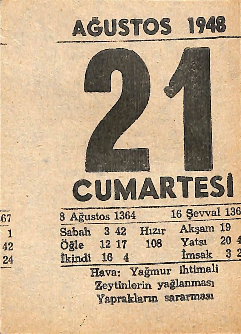 21 Ağustos 1948 Takvim Yaprağı - Doğum Günü Hediyesi EFMN14417 - 1
